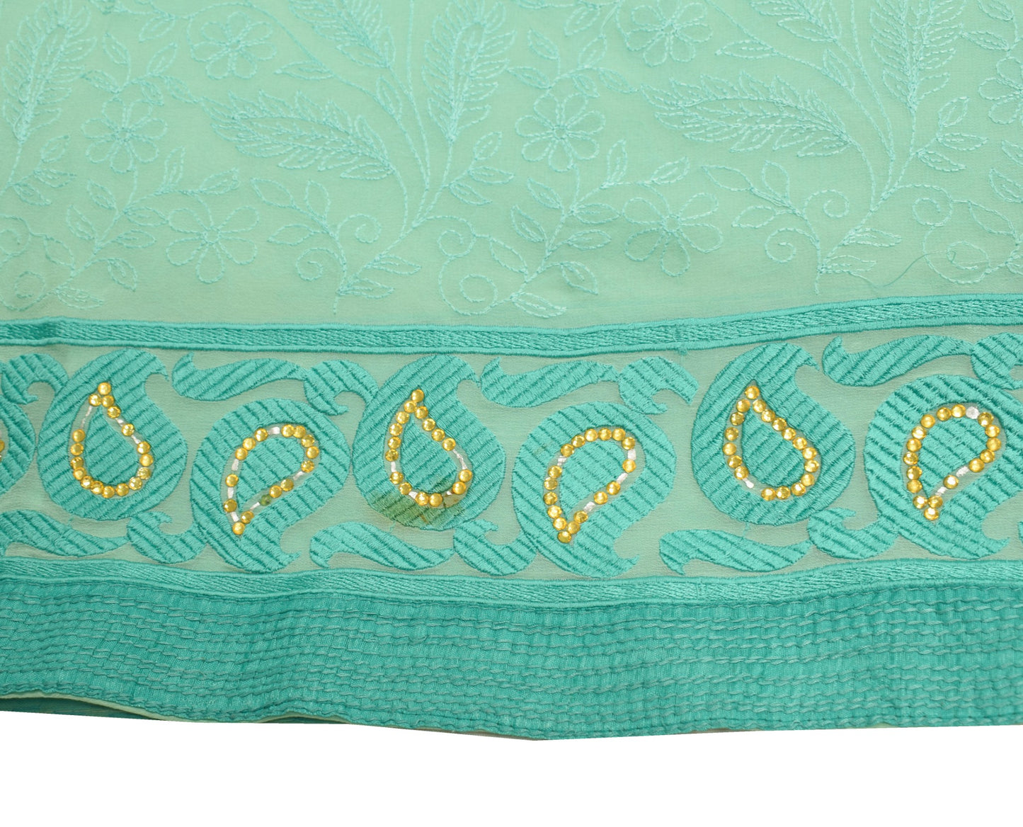 Sushila Vintage Aqua Green Saree HEAVY Embroidered Pure Georgette Sari Fabric