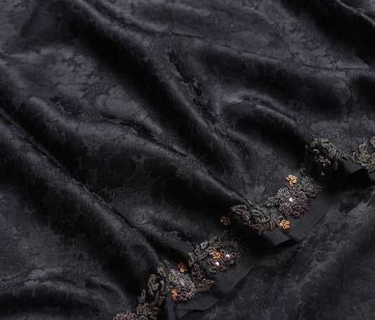 Sushila Vintage Classy Black Saree Pure Crepe Silk Self Woven HEAVY Sari Fabric