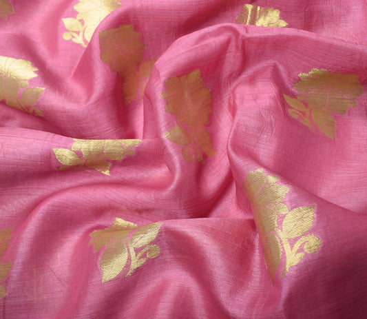 Sushila Vintage Onion Pink Saree with Golden Border Pure Tussar Silk Woven Sari