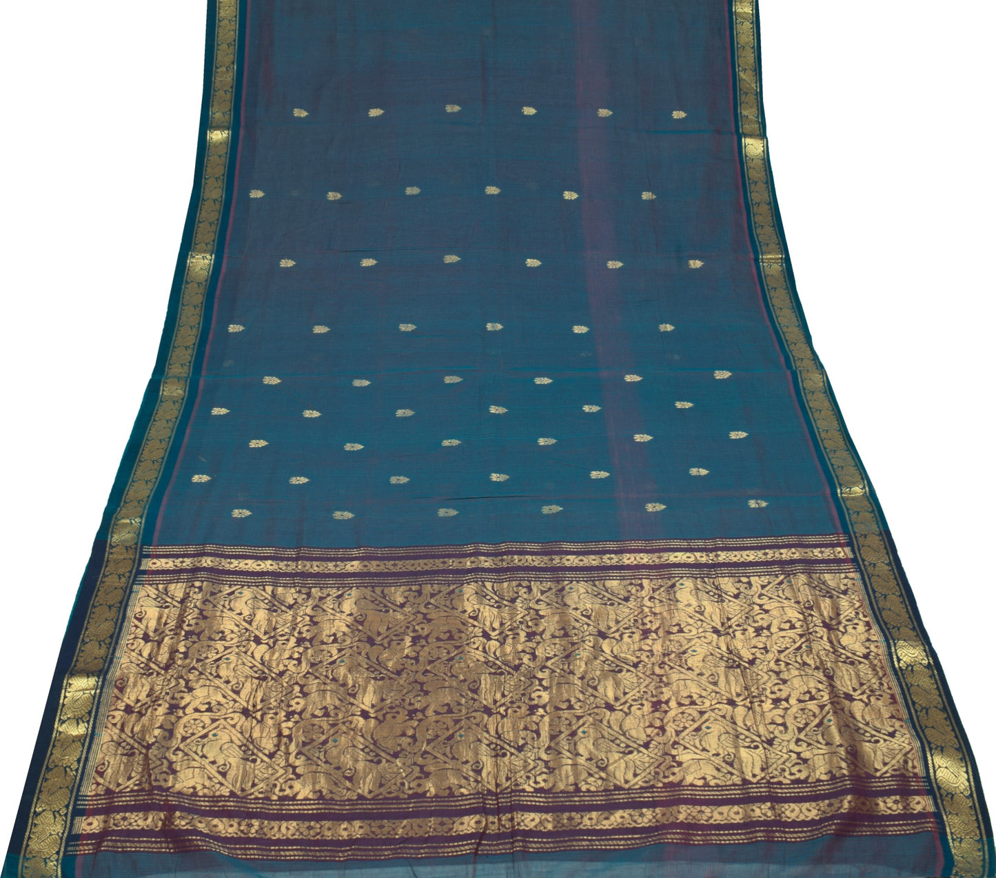 Sushila Vintage Blue Saree Narayanpet Hand Woven Peacock Border Pure Cotton Sari