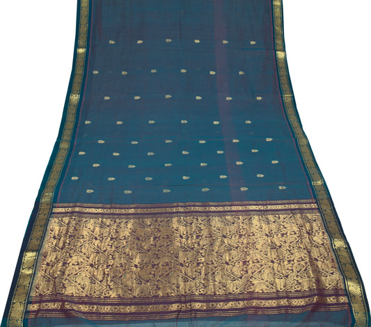 Sushila Vintage Blue Saree Narayanpet Hand Woven Peacock Border Pure Cotton Sari