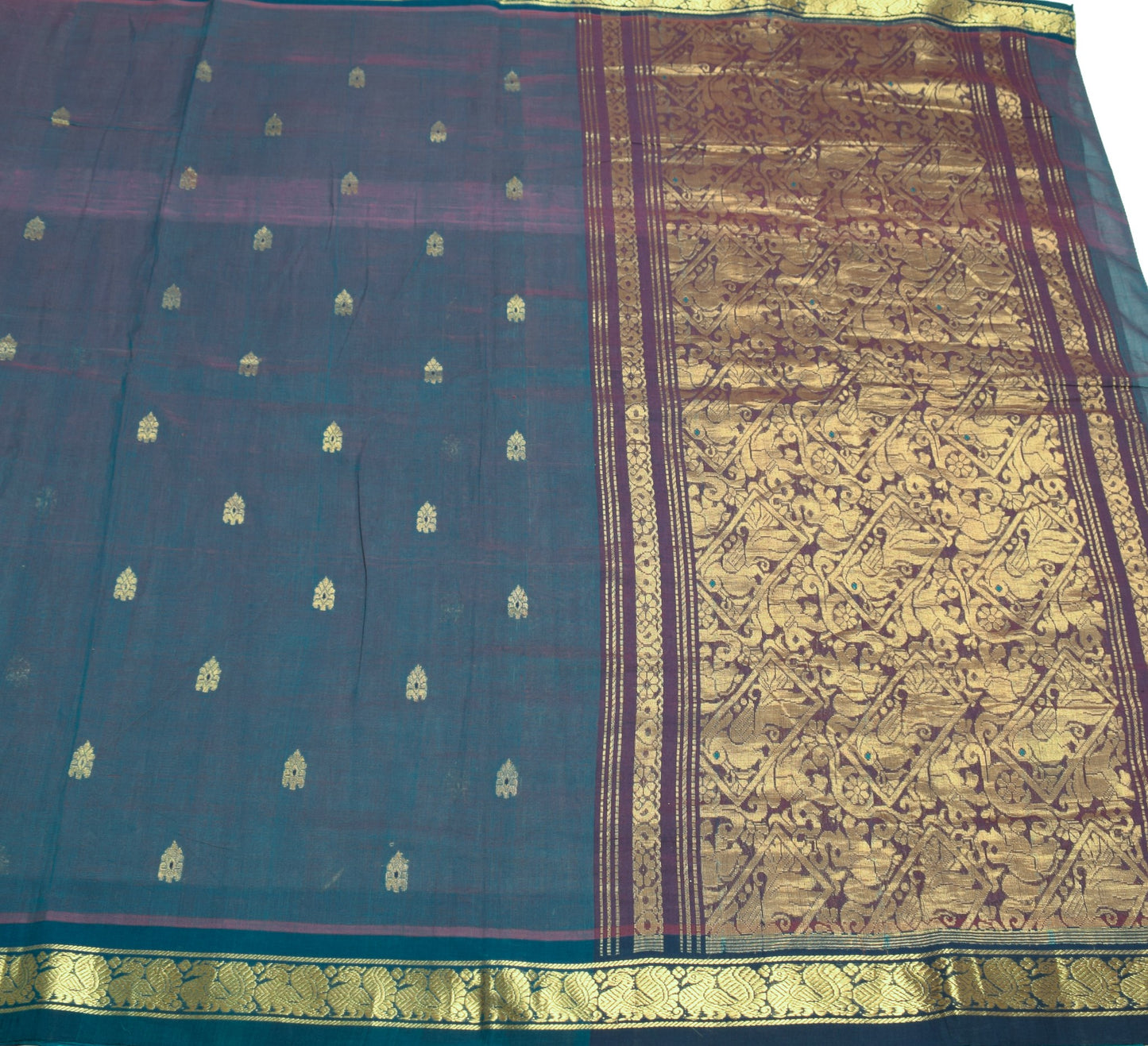 Sushila Vintage Blue Saree Narayanpet Hand Woven Peacock Border Pure Cotton Sari