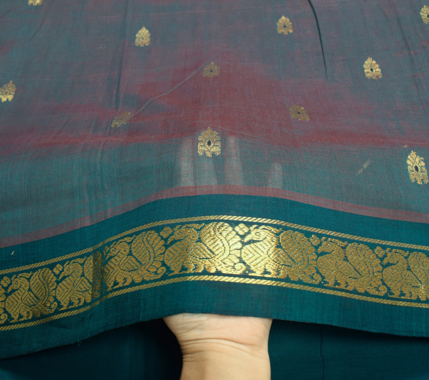 Sushila Vintage Blue Saree Narayanpet Hand Woven Peacock Border Pure Cotton Sari