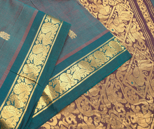 Sushila Vintage Blue Saree Narayanpet Hand Woven Peacock Border Pure Cotton Sari