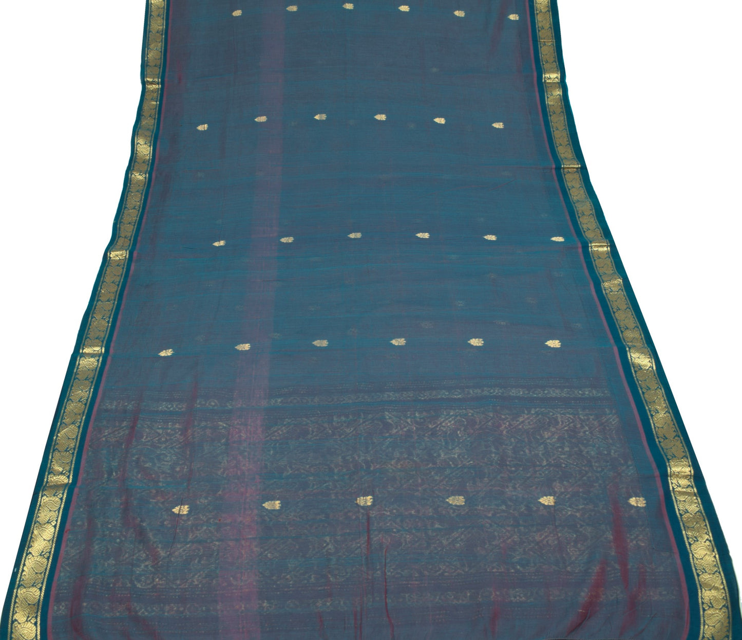 Sushila Vintage Blue Saree Narayanpet Hand Woven Peacock Border Pure Cotton Sari