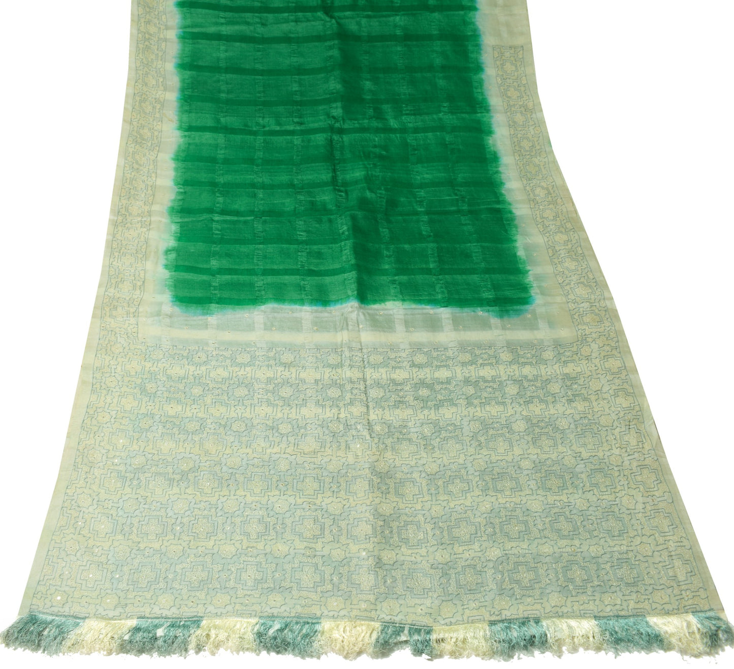 Sushila Vintage Green Saree 100%Pure Tussar Silk Woven & Embroidered Sari Fabric