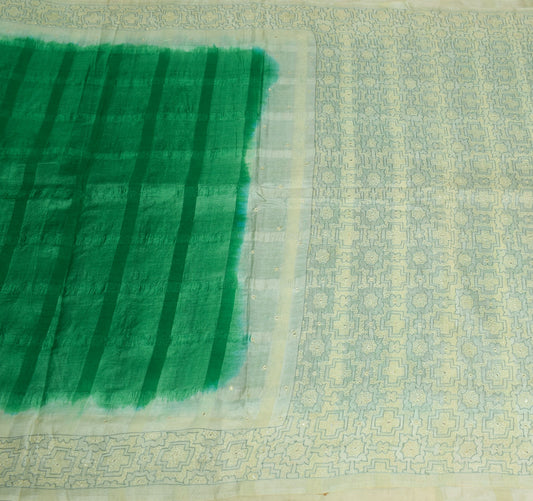 Sushila Vintage Green Saree 100%Pure Tussar Silk Woven & Embroidered Sari Fabric