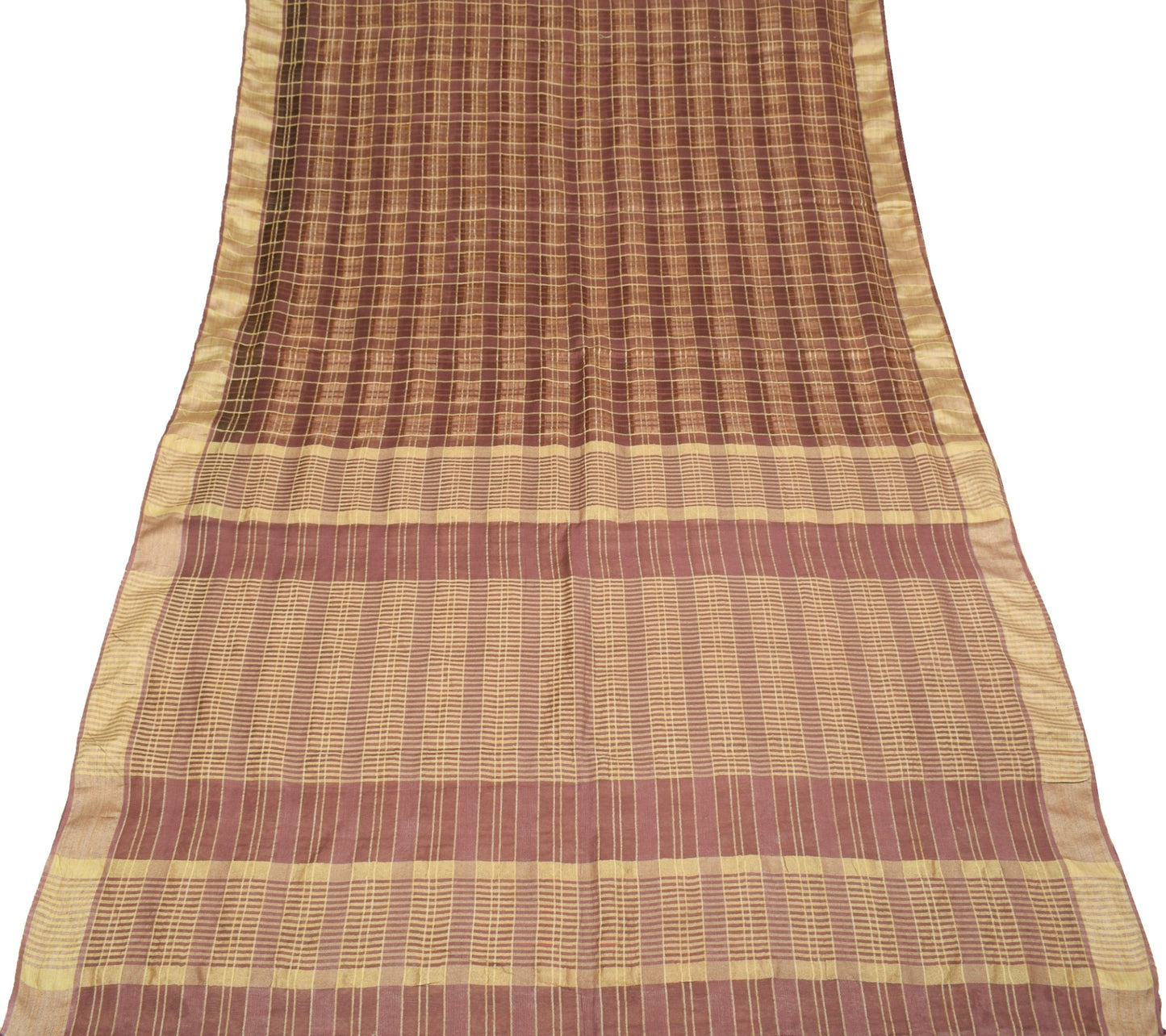 Sushila Vintage Brown Checks Saree Art Silk Woven 5Yard Indian Sari Craft Fabric