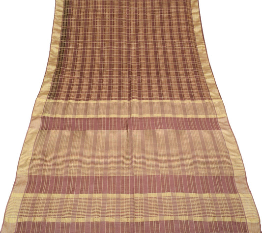 Sushila Vintage Brown Checks Saree Art Silk Woven 5Yard Indian Sari Craft Fabric