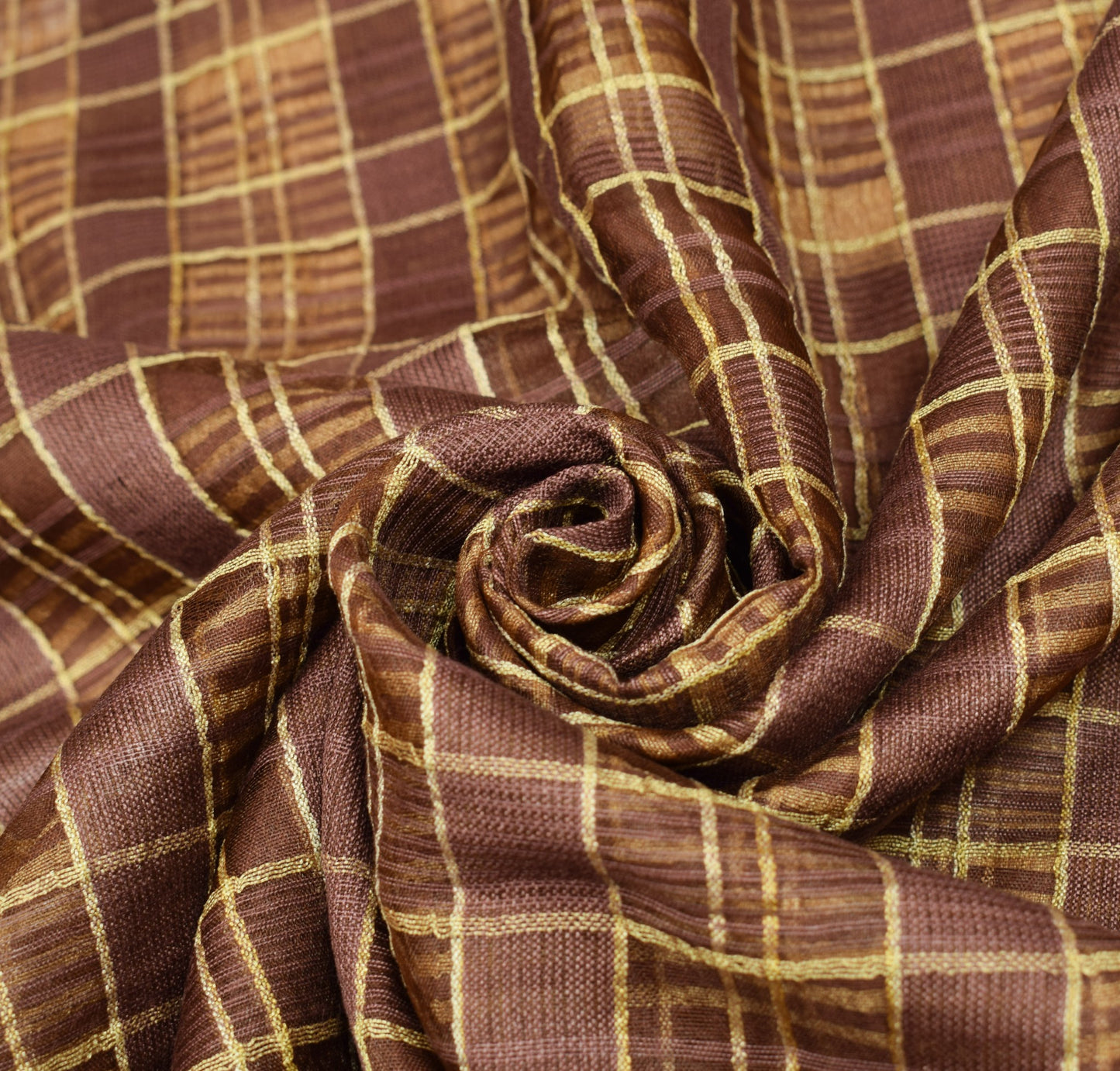 Sushila Vintage Brown Checks Saree Art Silk Woven 5Yard Indian Sari Craft Fabric
