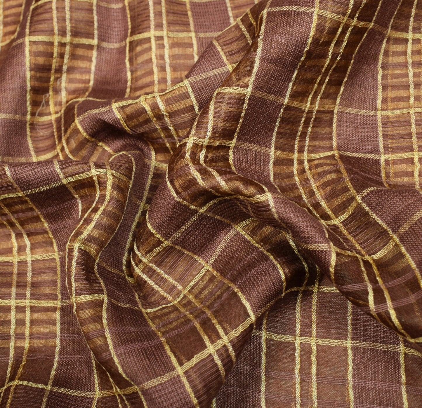 Sushila Vintage Brown Checks Saree Art Silk Woven 5Yard Indian Sari Craft Fabric