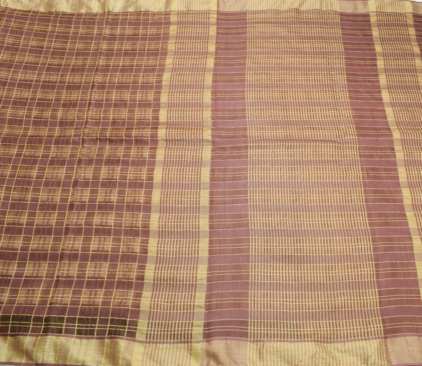 Sushila Vintage Brown Checks Saree Art Silk Woven 5Yard Indian Sari Craft Fabric