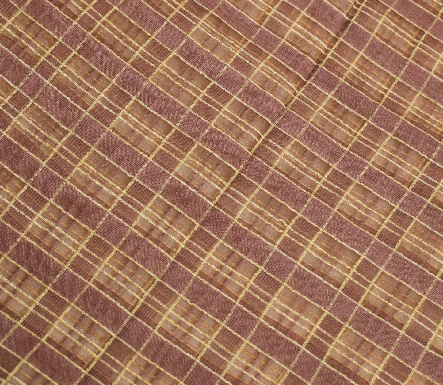 Sushila Vintage Brown Checks Saree Art Silk Woven 5Yard Indian Sari Craft Fabric