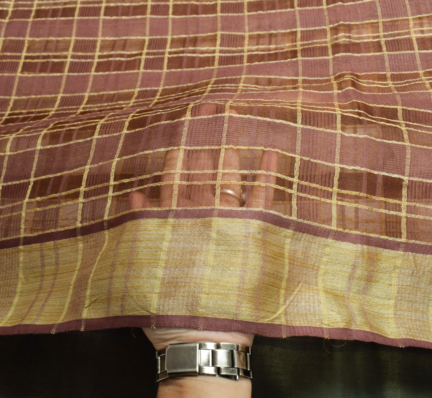 Sushila Vintage Brown Checks Saree Art Silk Woven 5Yard Indian Sari Craft Fabric