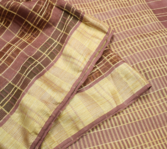 Sushila Vintage Brown Checks Saree Art Silk Woven 5Yard Indian Sari Craft Fabric