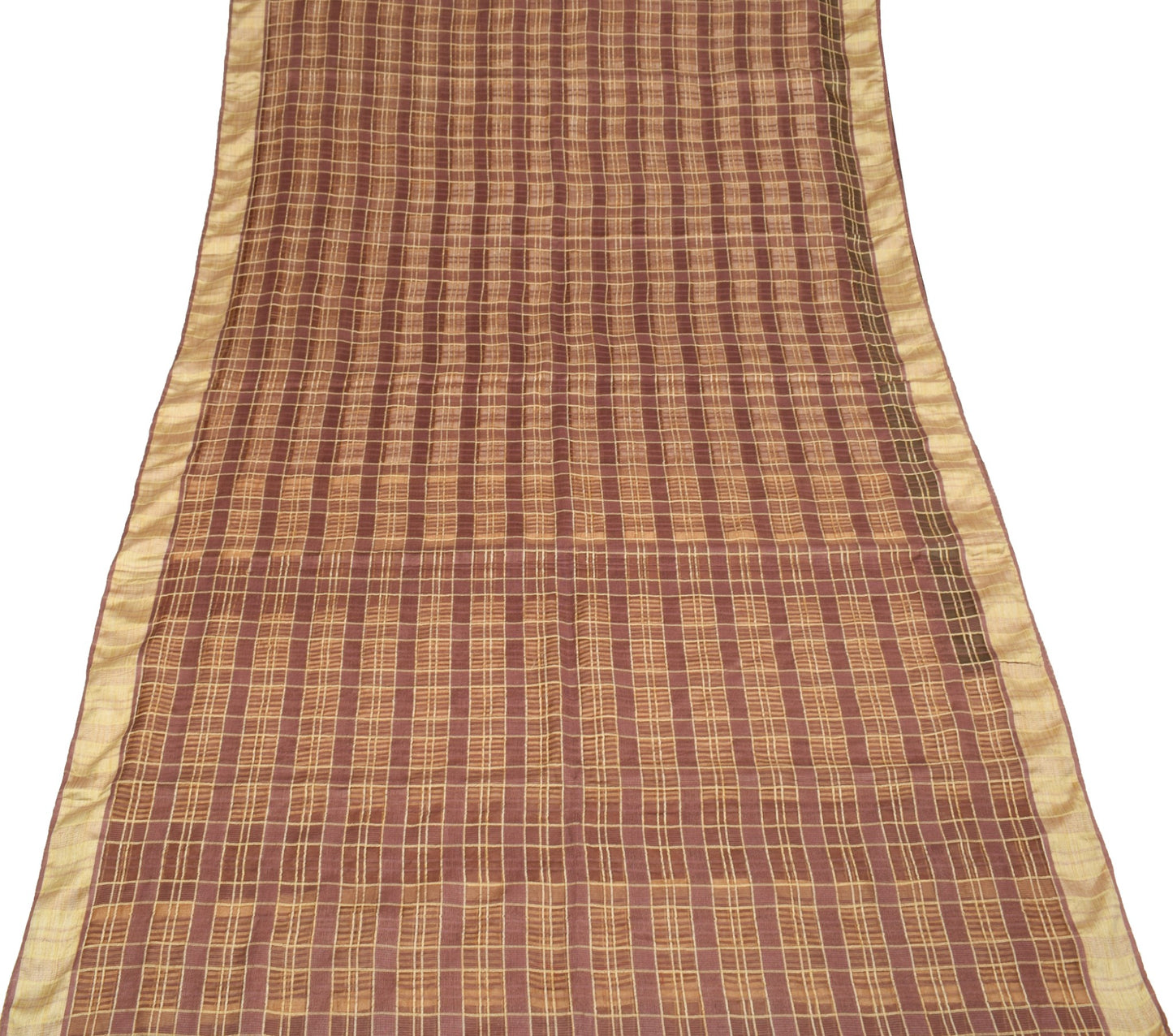 Sushila Vintage Brown Checks Saree Art Silk Woven 5Yard Indian Sari Craft Fabric