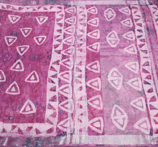 Sushila Vintage Pure Linen Premium Saree Purple Batik Printed Sari Woven Fabric