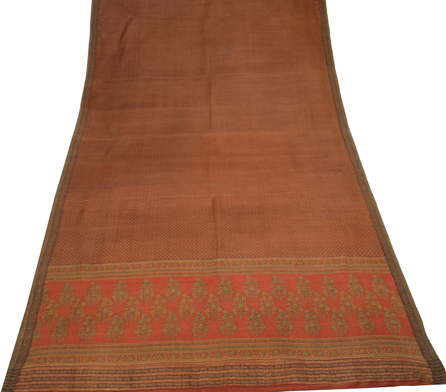 Sushila Vintage Pure Woolen Saree Rust Floral Printed & Woven Soft Sari Fabric