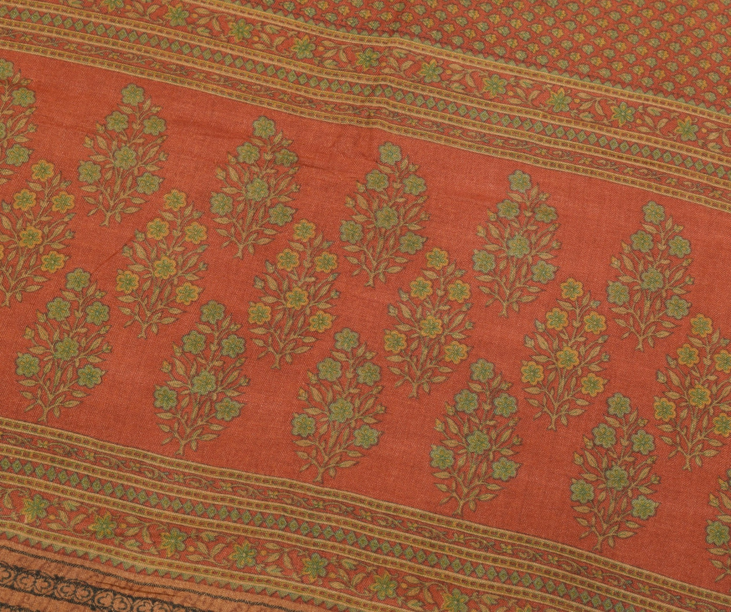 Sushila Vintage Pure Woolen Saree Rust Floral Printed & Woven Soft Sari Fabric