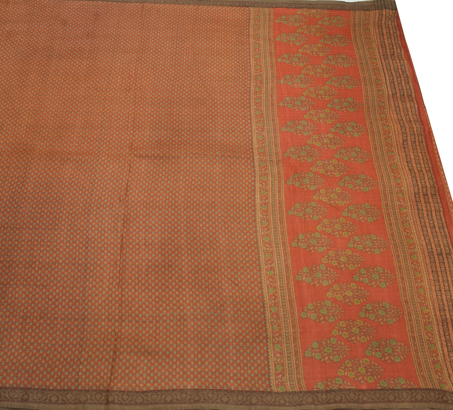Sushila Vintage Pure Woolen Saree Rust Floral Printed & Woven Soft Sari Fabric