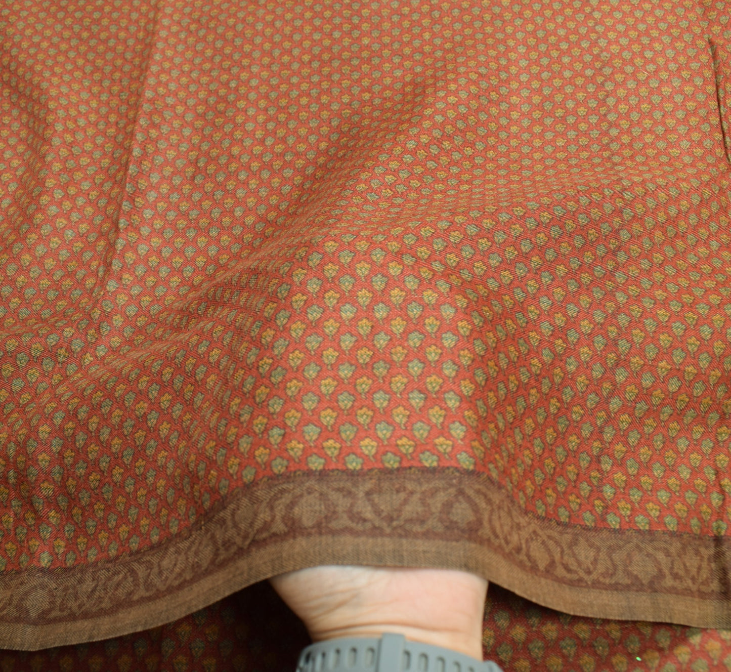 Sushila Vintage Pure Woolen Saree Rust Floral Printed & Woven Soft Sari Fabric