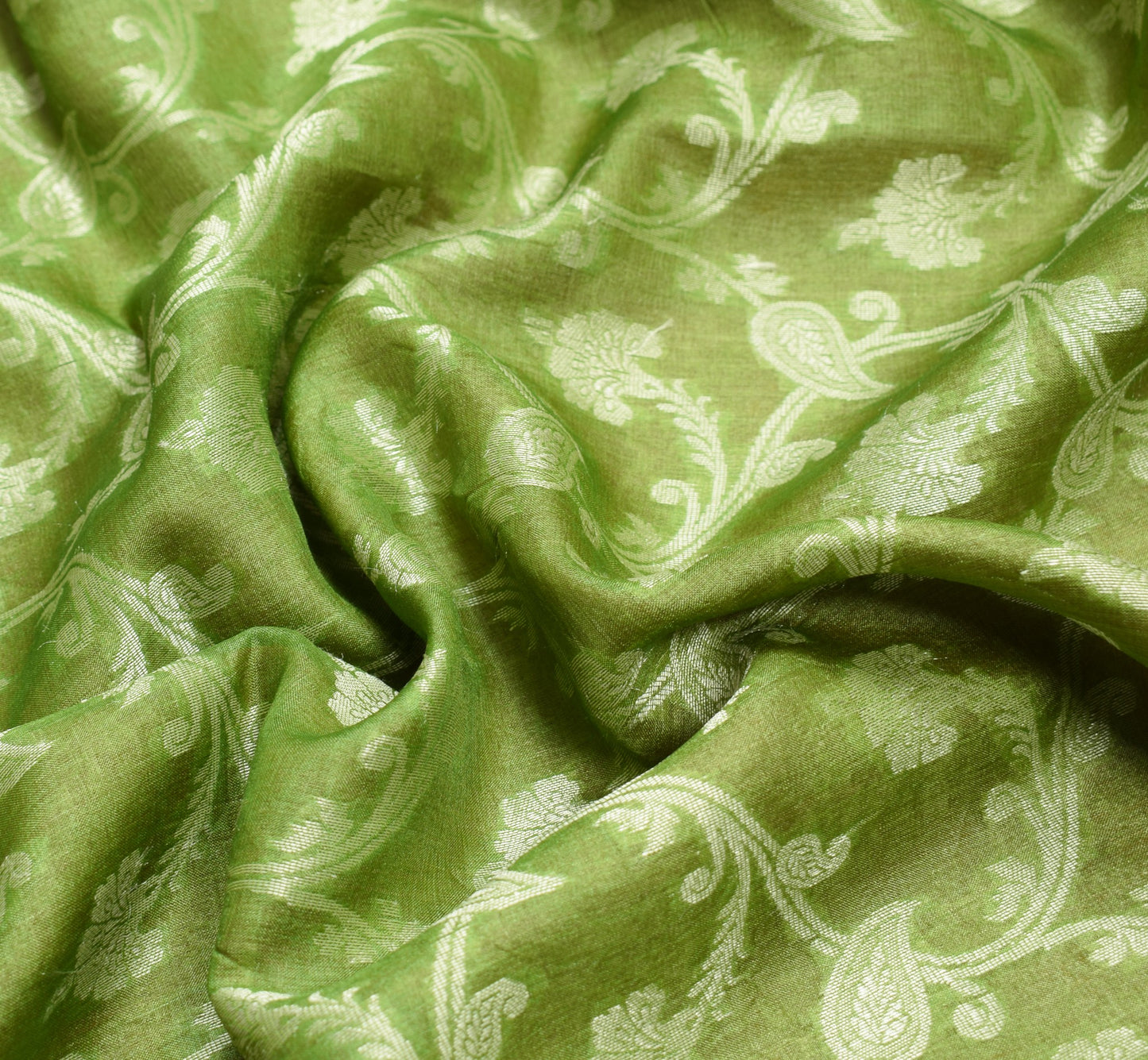 Sushila Vintage Green Saree Rust Border Pallu Pure Tussar Silk Woven Sari Fabric