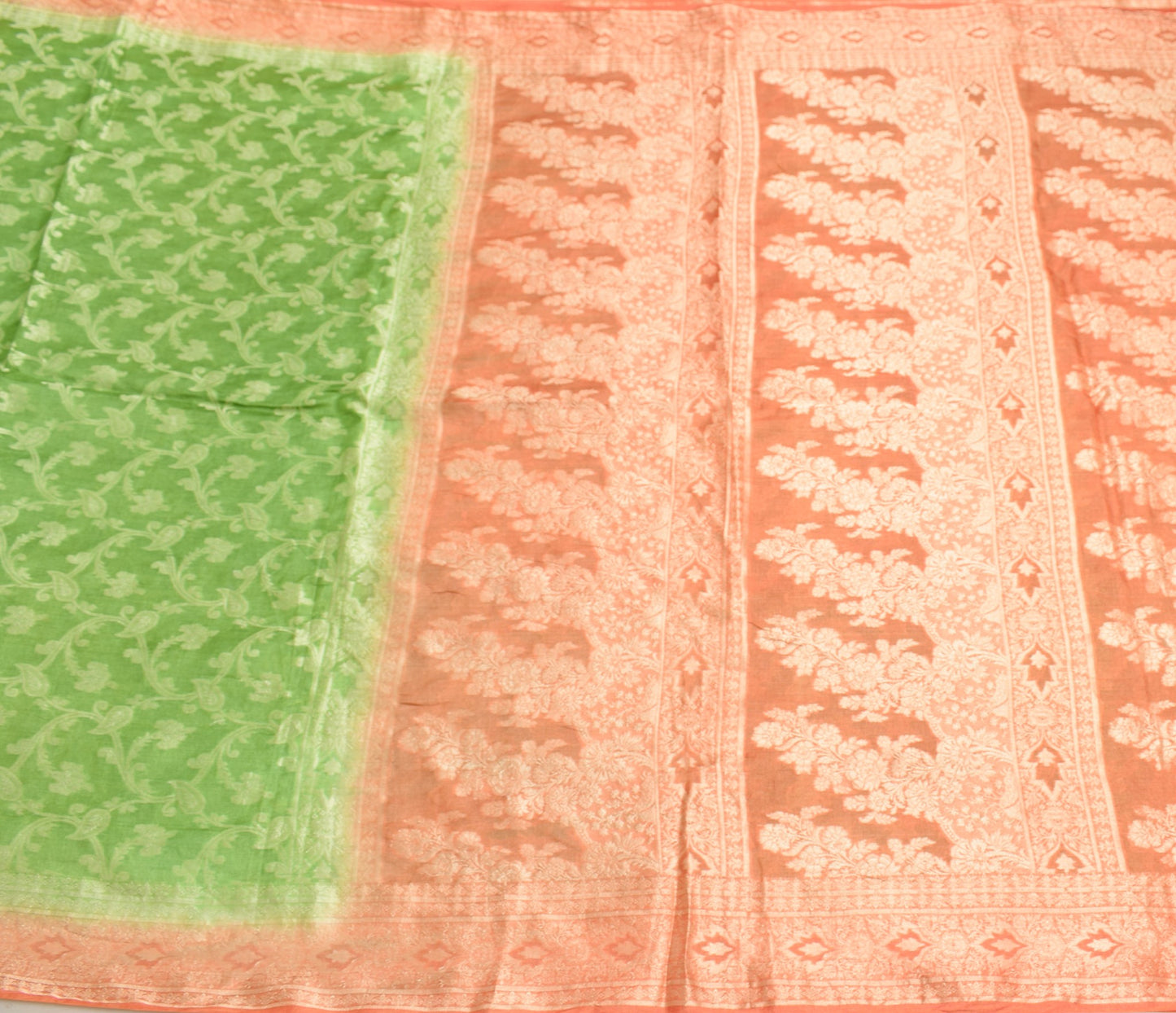 Sushila Vintage Green Saree Rust Border Pallu Pure Tussar Silk Woven Sari Fabric