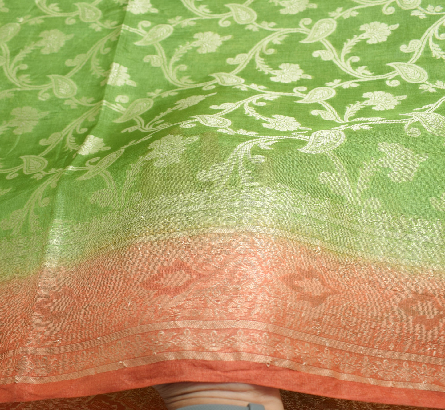 Sushila Vintage Green Saree Rust Border Pallu Pure Tussar Silk Woven Sari Fabric