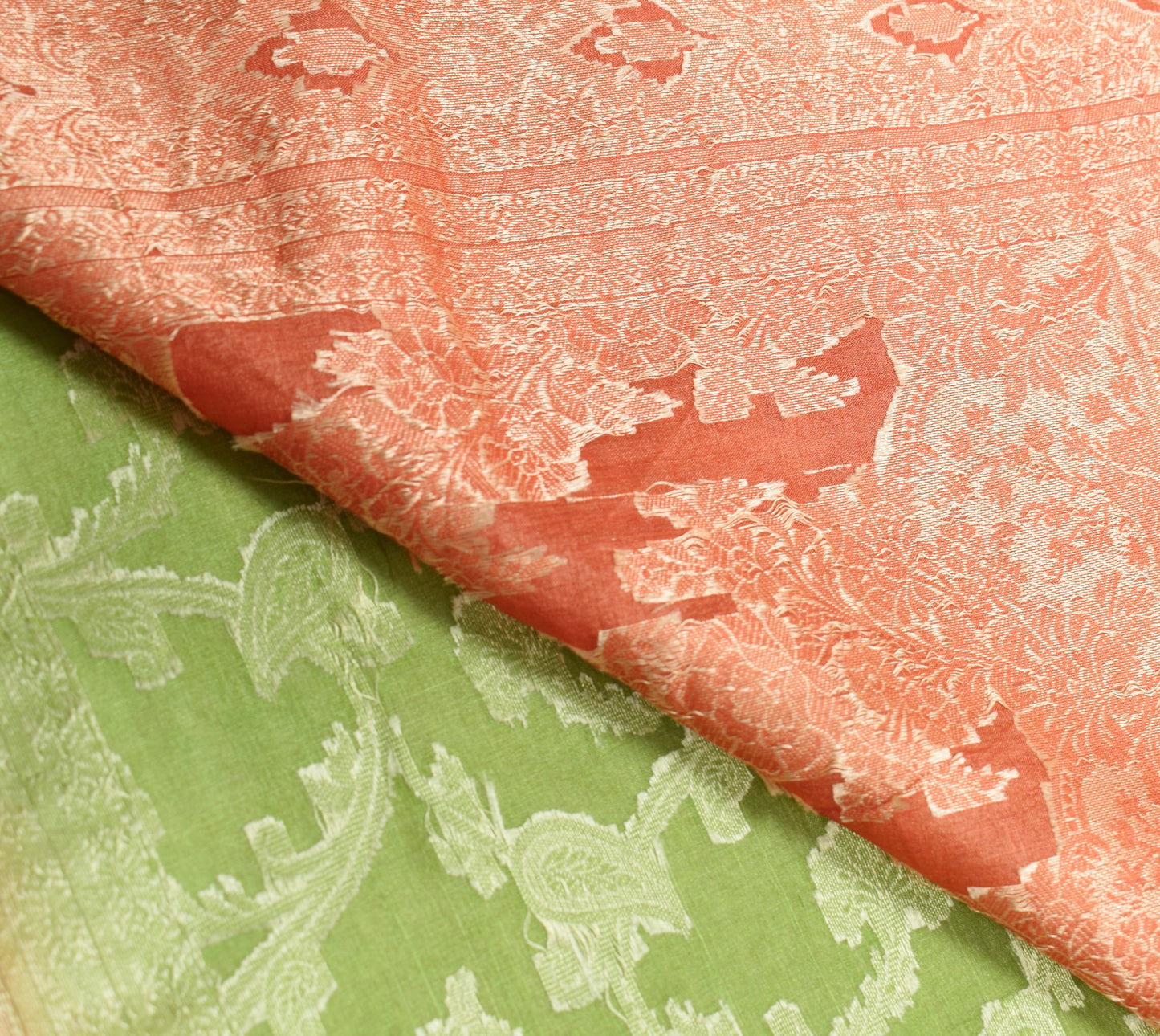 Sushila Vintage Green Saree Rust Border Pallu Pure Tussar Silk Woven Sari Fabric