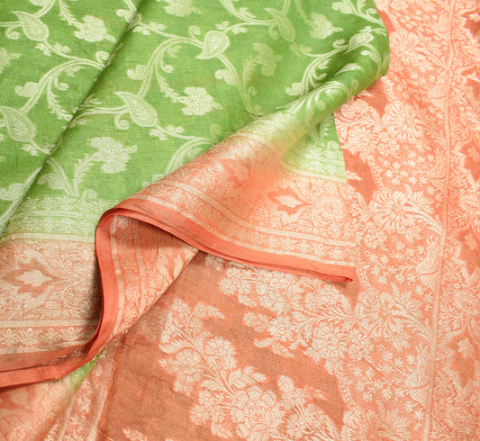 Sushila Vintage Green Saree Rust Border Pallu Pure Tussar Silk Woven Sari Fabric