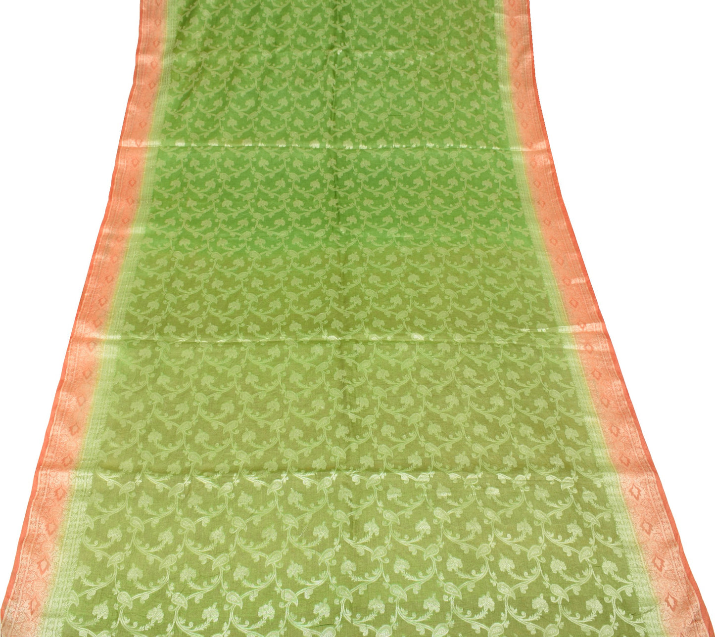 Sushila Vintage Green Saree Rust Border Pallu Pure Tussar Silk Woven Sari Fabric