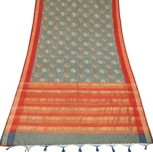 Sushila Vintage Grayish Blue Saree Art Silk Ikat Print Hand Work Sari Fabric