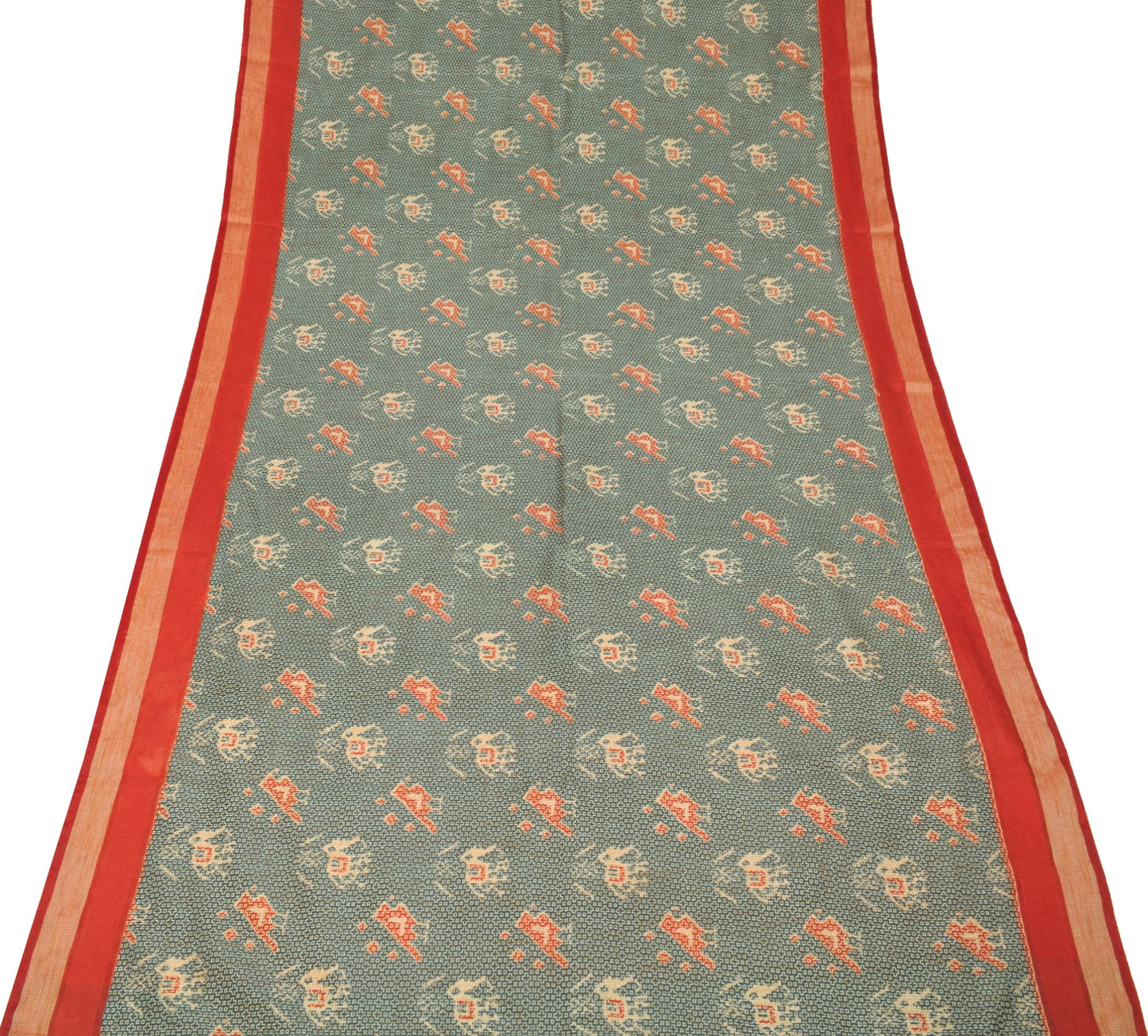 Sushila Vintage Grayish Blue Saree Art Silk Ikat Print Hand Work Sari Fabric