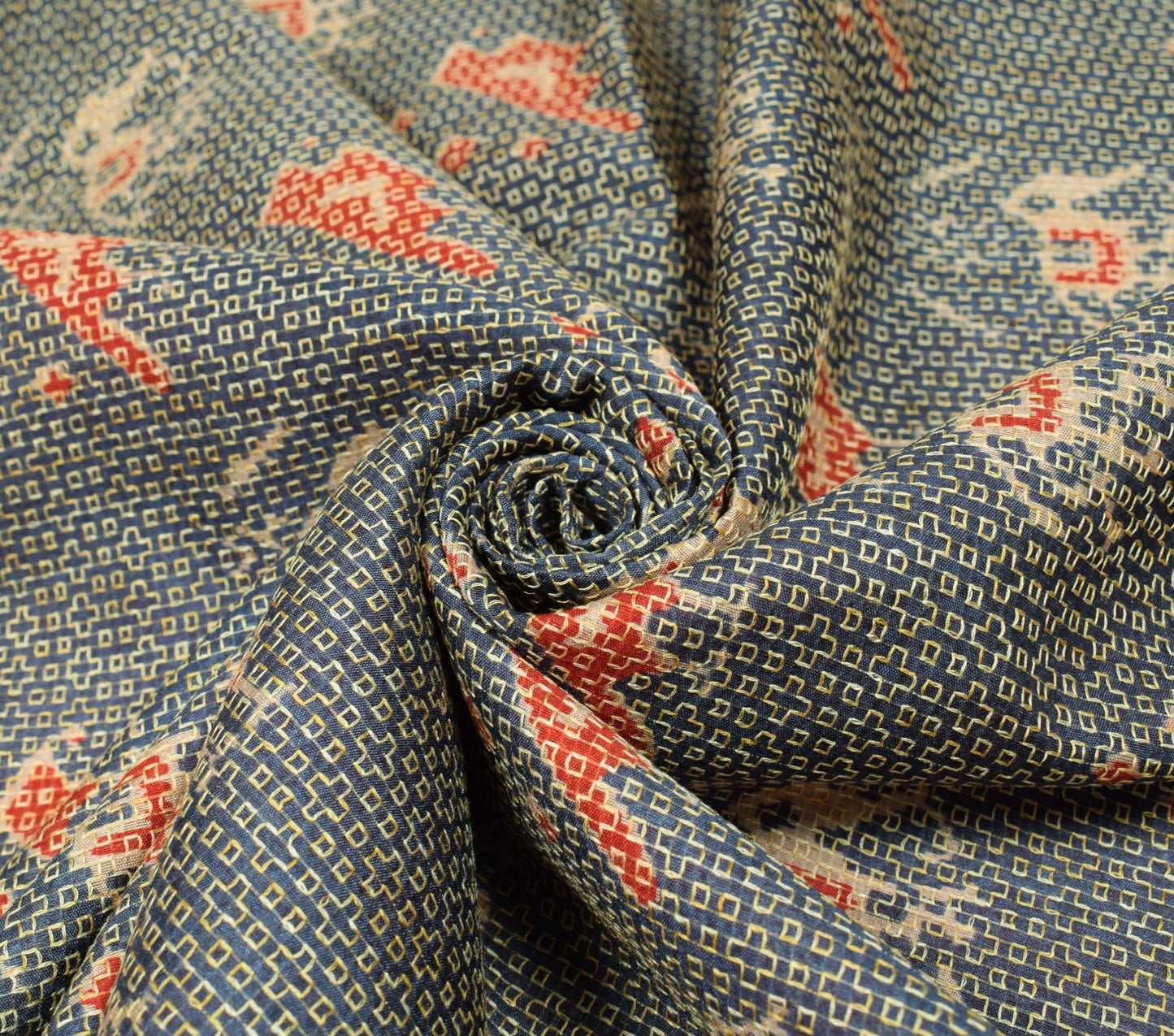 Sushila Vintage Grayish Blue Saree Art Silk Ikat Print Hand Work Sari Fabric