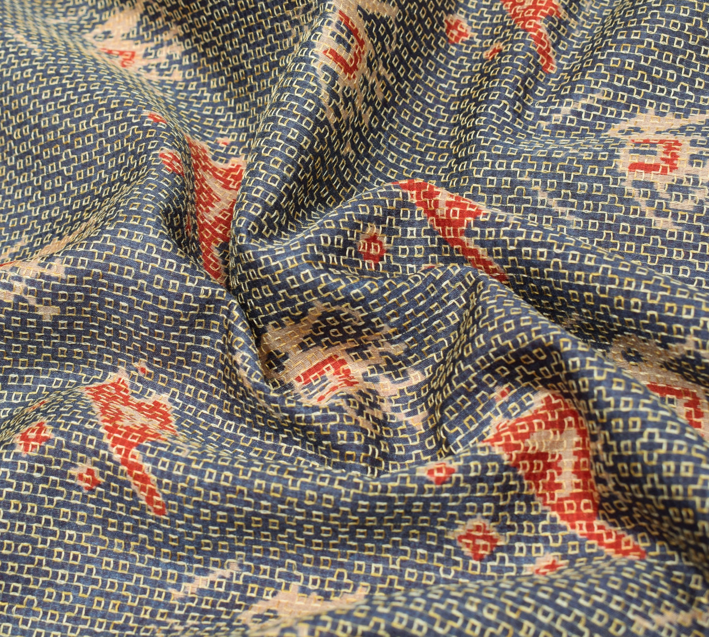 Sushila Vintage Grayish Blue Saree Art Silk Ikat Print Hand Work Sari Fabric