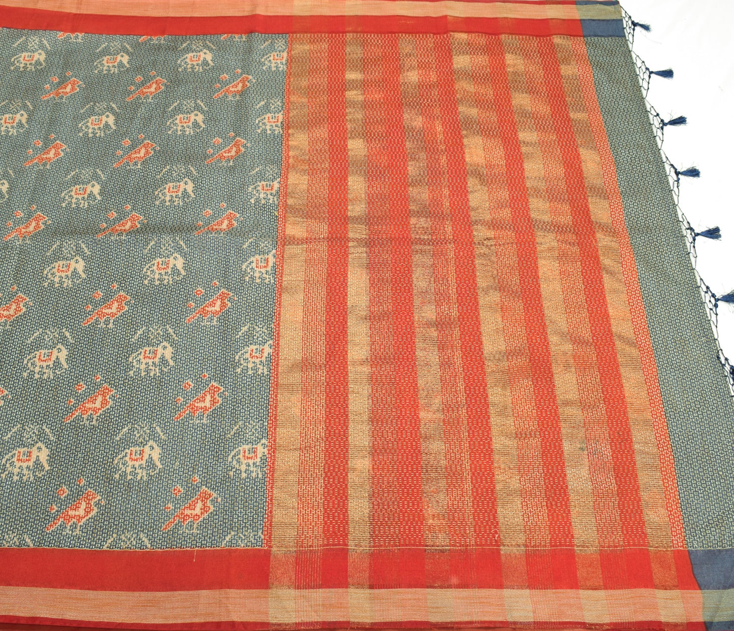 Sushila Vintage Grayish Blue Saree Art Silk Ikat Print Hand Work Sari Fabric