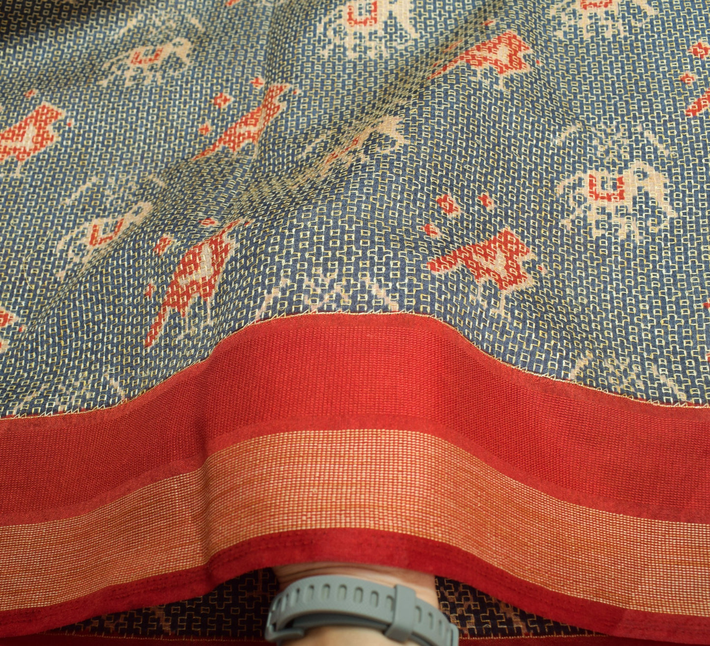 Sushila Vintage Grayish Blue Saree Art Silk Ikat Print Hand Work Sari Fabric