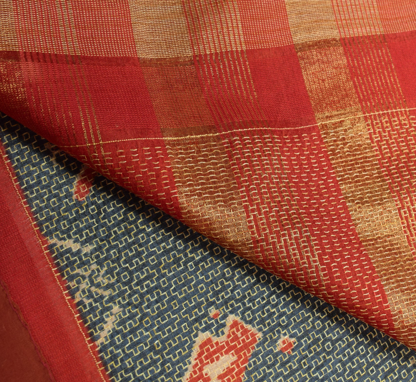 Sushila Vintage Grayish Blue Saree Art Silk Ikat Print Hand Work Sari Fabric