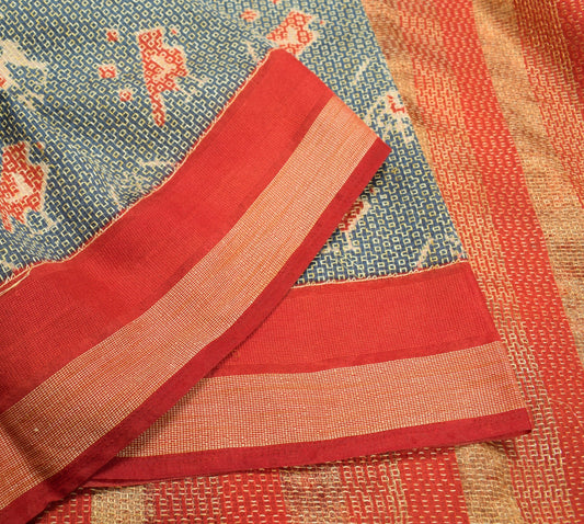 Sushila Vintage Grayish Blue Saree Art Silk Ikat Print Hand Work Sari Fabric