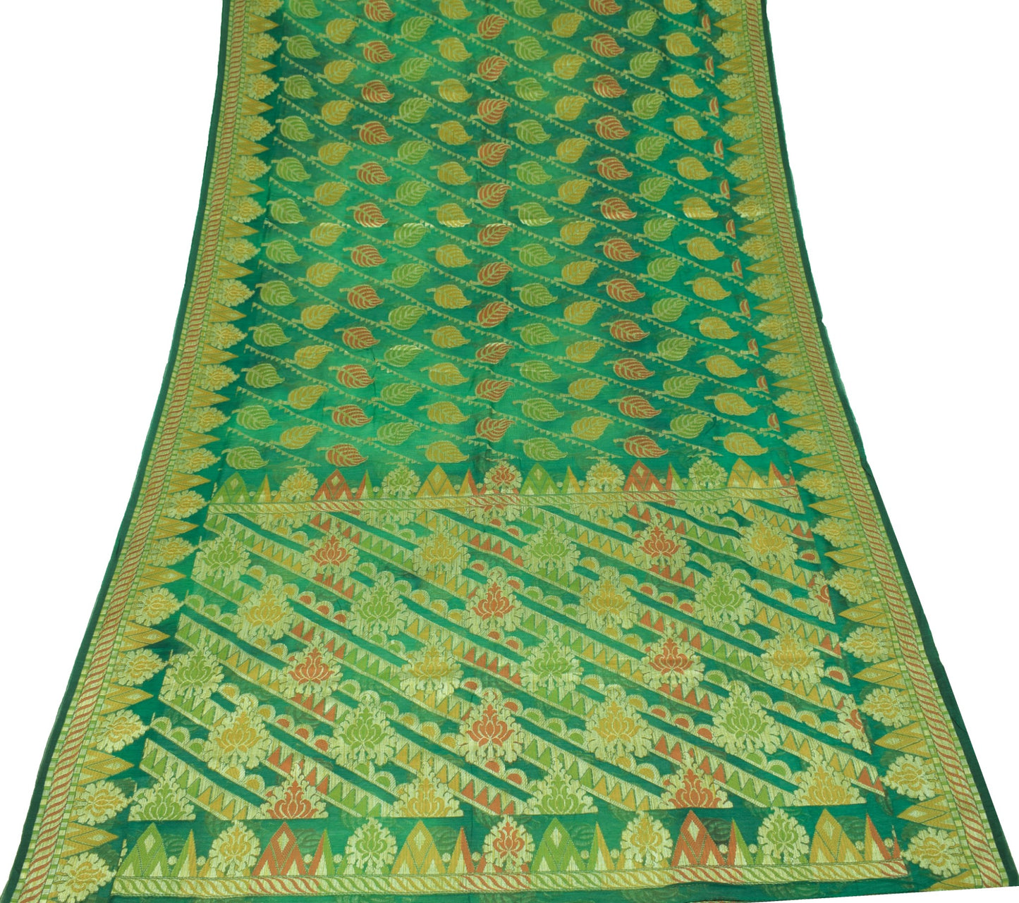 Sushila Vintage Green Saree Leaves Woven 100% Pure Silk 5 Yd Sari Craft Fabric