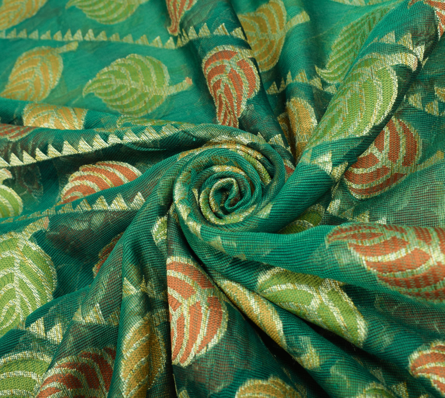 Sushila Vintage Green Saree Leaves Woven 100% Pure Silk 5 Yd Sari Craft Fabric