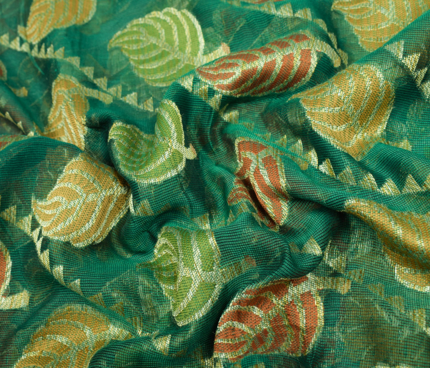 Sushila Vintage Green Saree Leaves Woven 100% Pure Silk 5 Yd Sari Craft Fabric