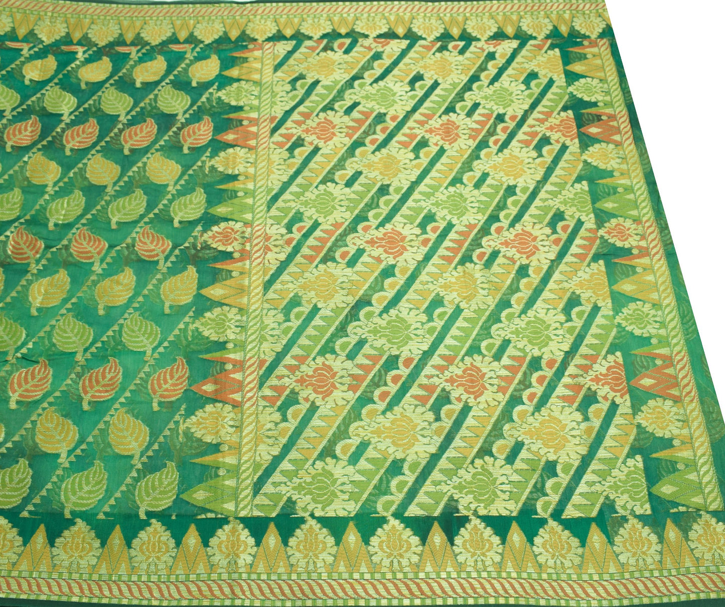 Sushila Vintage Green Saree Leaves Woven 100% Pure Silk 5 Yd Sari Craft Fabric