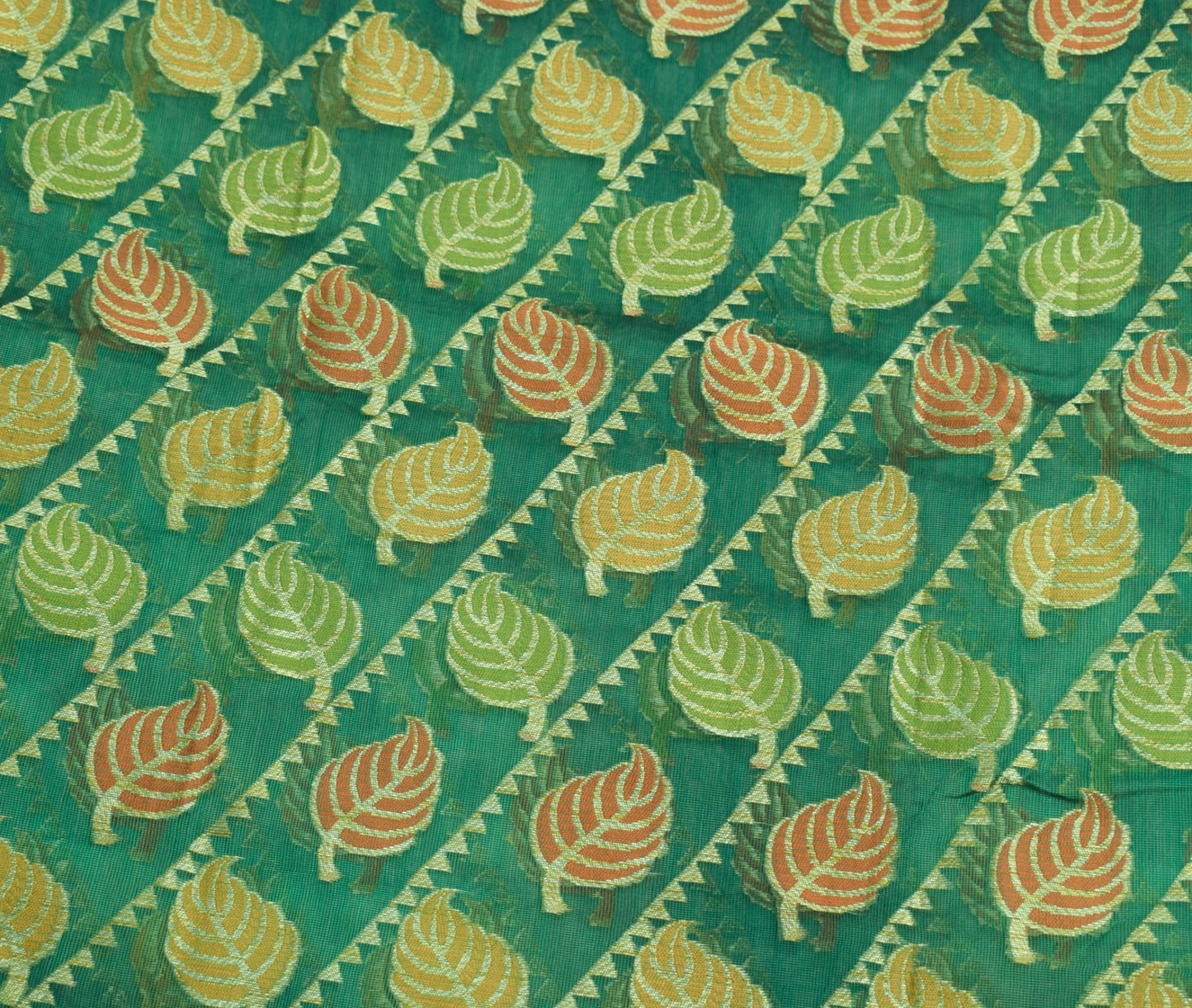 Sushila Vintage Green Saree Leaves Woven 100% Pure Silk 5 Yd Sari Craft Fabric