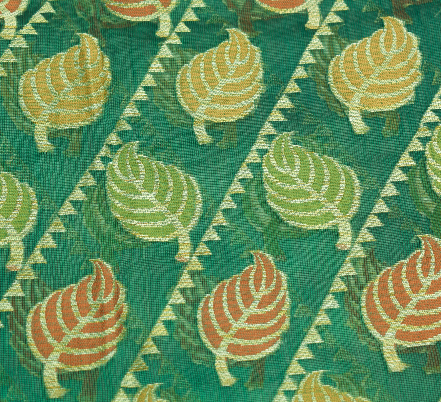 Sushila Vintage Green Saree Leaves Woven 100% Pure Silk 5 Yd Sari Craft Fabric