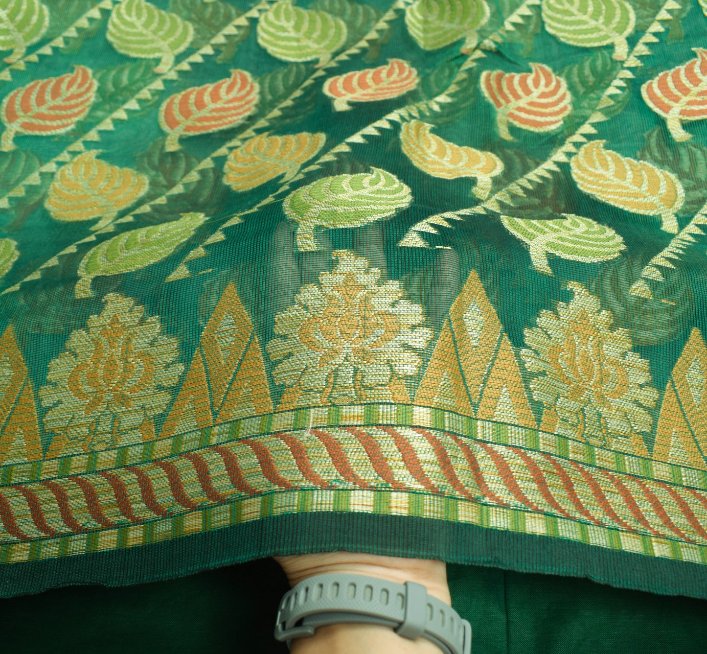 Sushila Vintage Green Saree Leaves Woven 100% Pure Silk 5 Yd Sari Craft Fabric
