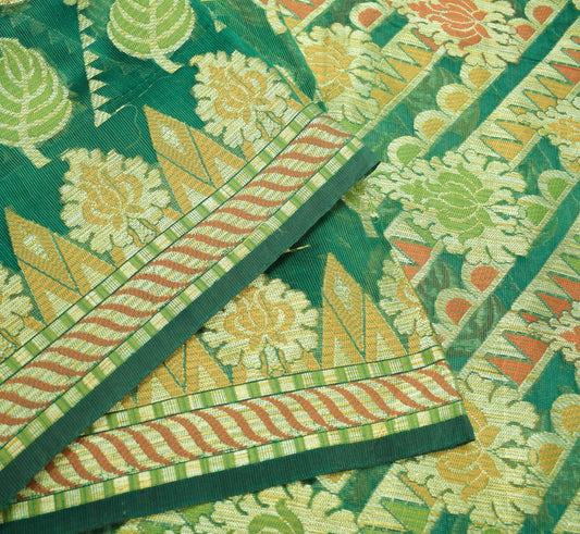 Sushila Vintage Green Saree Leaves Woven 100% Pure Silk 5 Yd Sari Craft Fabric
