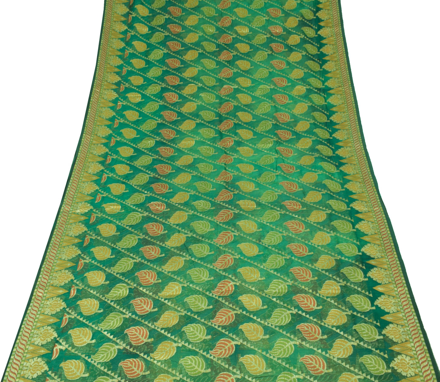 Sushila Vintage Green Saree Leaves Woven 100% Pure Silk 5 Yd Sari Craft Fabric