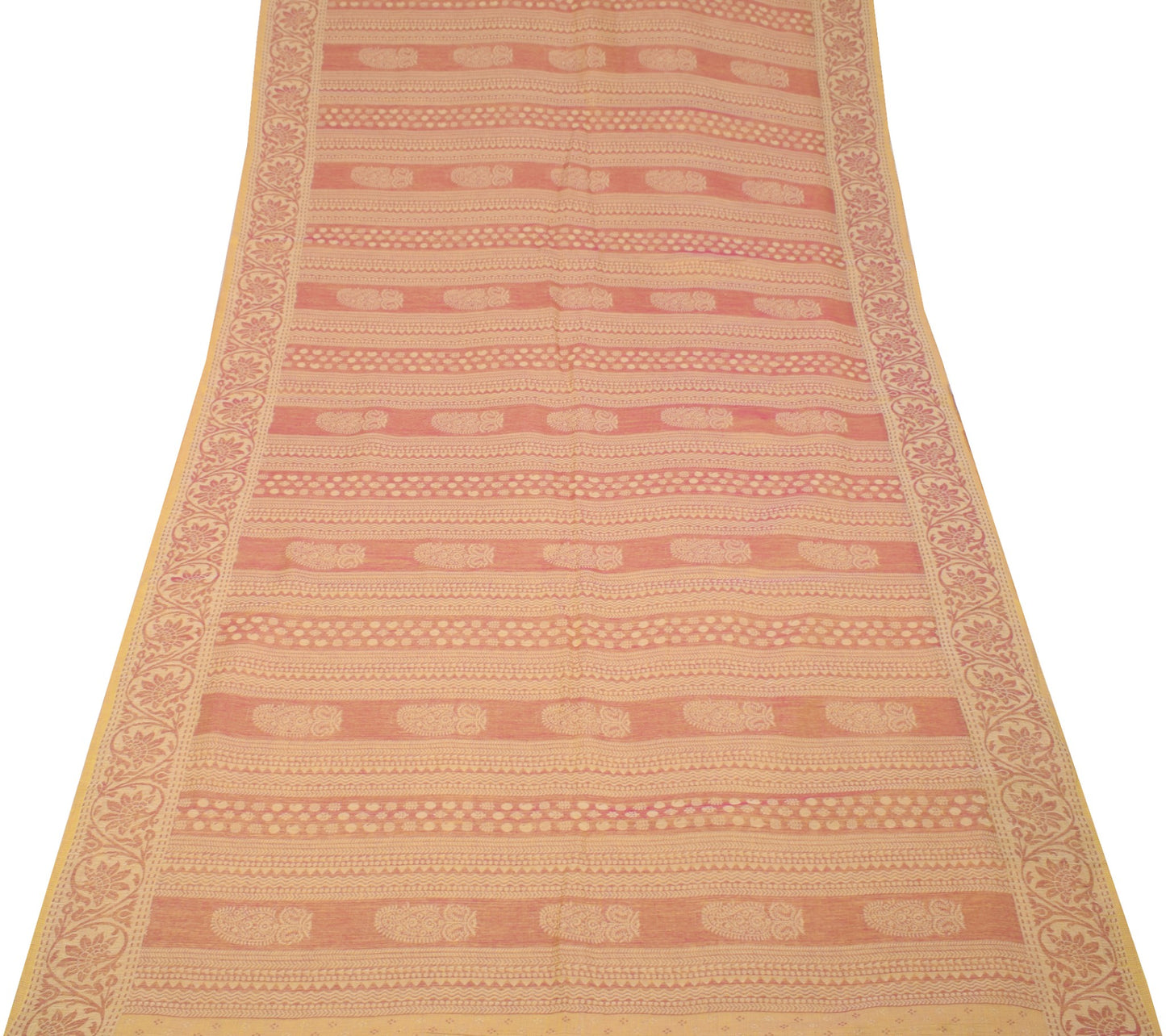 Sushila Vintage Yellow Magenta Saree Pure Cotton All Over Woven 5Yds Sari Fabric