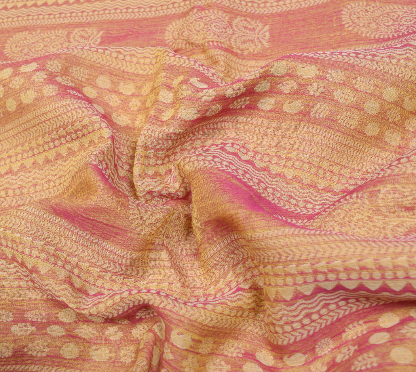 Sushila Vintage Yellow Magenta Saree Pure Cotton All Over Woven 5Yds Sari Fabric